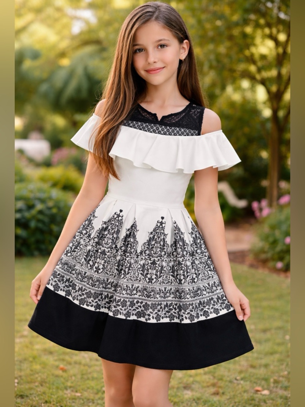 Girls' Chic Black White Off-Shoulder Skater Dress Lace Damask Print Sz 16 #F